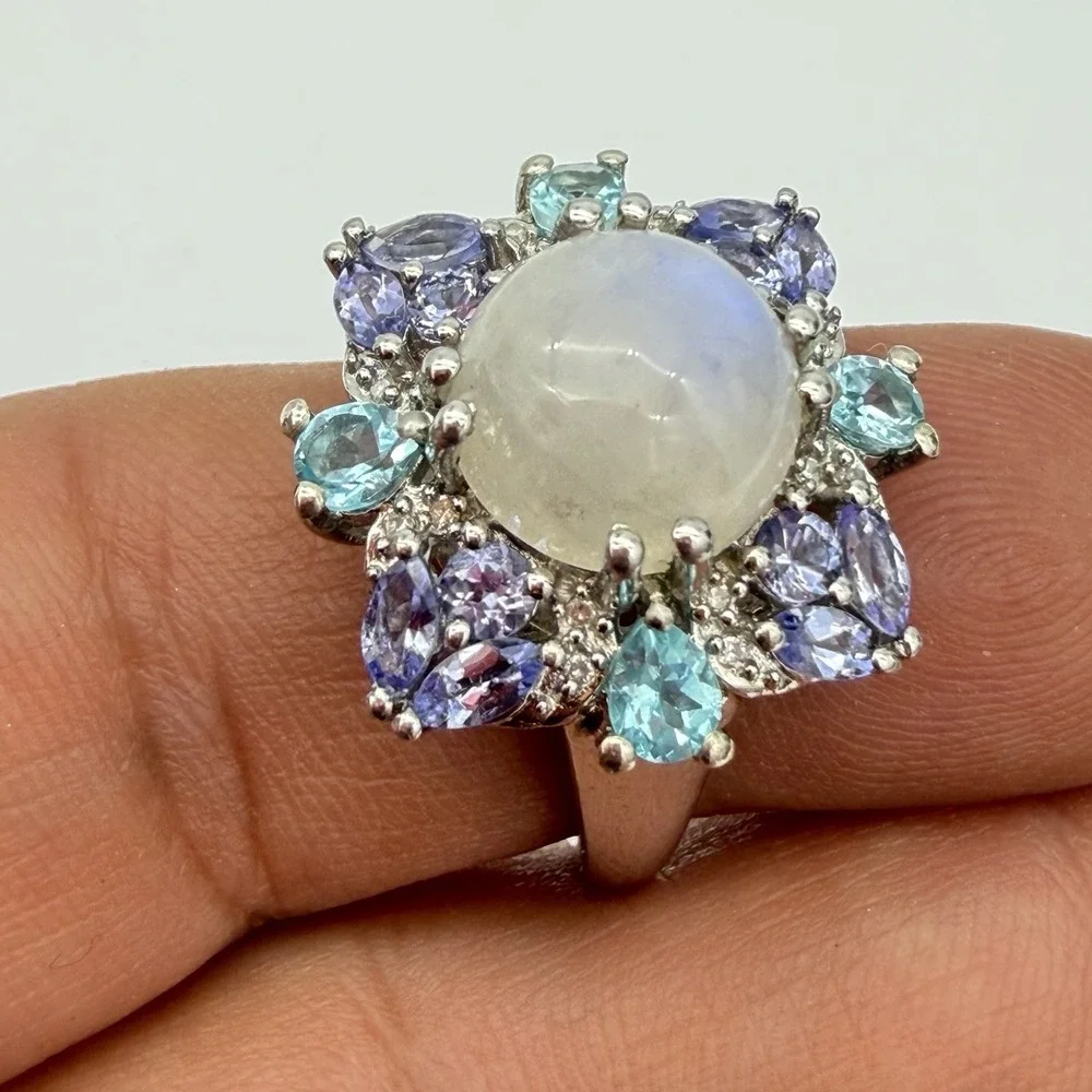 Vtg‎ STS Chuck Clemency Moonstone Multi Gemstone Ring Sterling Silver 6.5 Gr S7